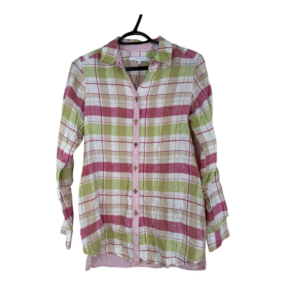 Foxcroft Womens Plaid 100% Linen Tunic Top Sz 6 Relaxed Picnic Striped Summer